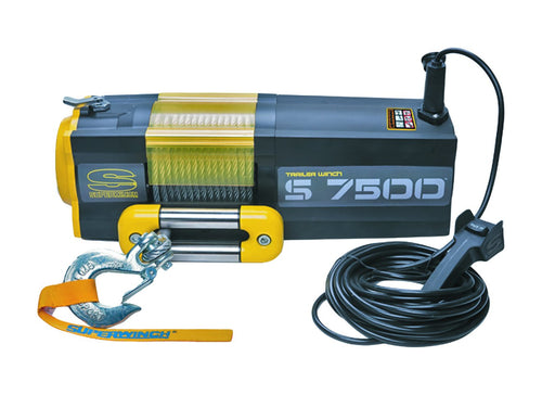 S7500 Superwinch 1475200 Trailer Winch 7500lb (3402kg) Single Line Pull with Roller Fairlead 5/16" x 55' Steel Rope 30.5ft Corded Handheld Remote