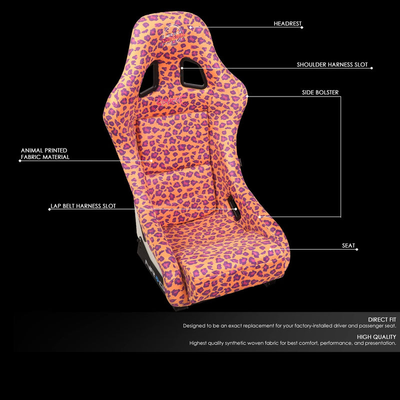 NRG Innovations Prisma Fixed Back Bucket Racing Seat NRG-FRP-303-OR-SAVAGE with Bottom Mount Bracket, Orange Savage Leopard Print Fabric White Pearl Back, 22" W X 34" H X 16" D