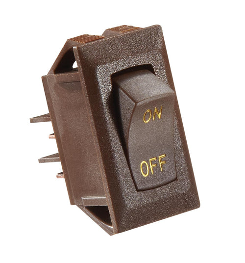 Brown Rocker Switch S273, RV Designer w/Gold Text, 10 A, On/Off - SPST - Cut-Out .550" x 1.125"