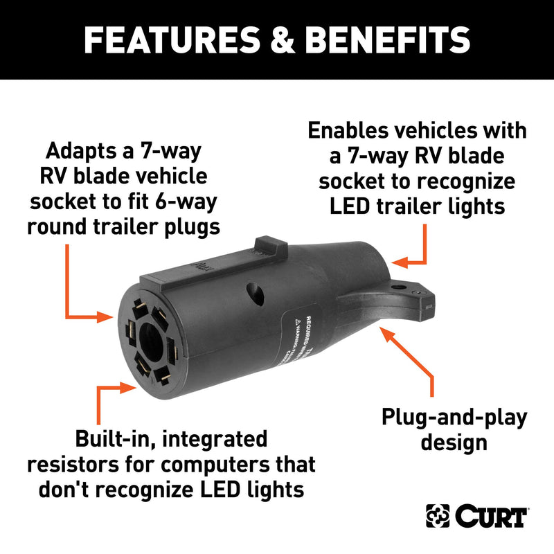 7-Way RV Blade CURT 57005 Vehicle-Side to 6-Way Round Trailer-Side Trailer Wiring Adapter
