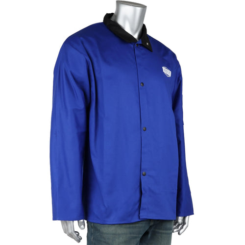 FR Treated Ironcat Cotton Sateen Jacket, 9 oz., Anodized Snaps, Interior Pocket, Pop-up Welders Collar, Scribe Pocket, Royal Blue, 2X-Large (7050RB/2XL)