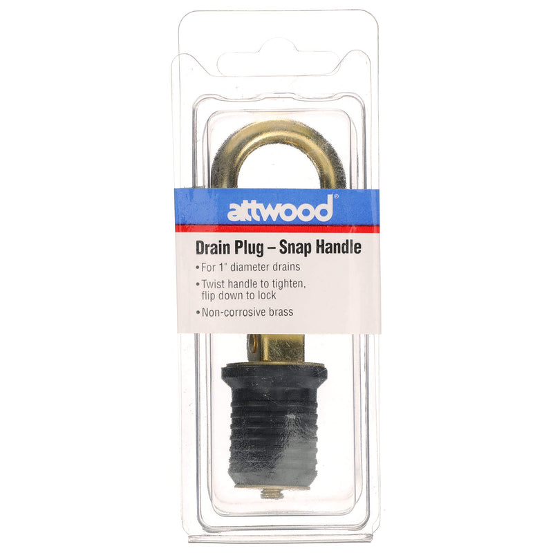 Attwood Snap-Handle 7524A7 Drain Plug, For 1-Inch-Diameter Drains, Locks in Place, Brass Handle, Rubber Plug