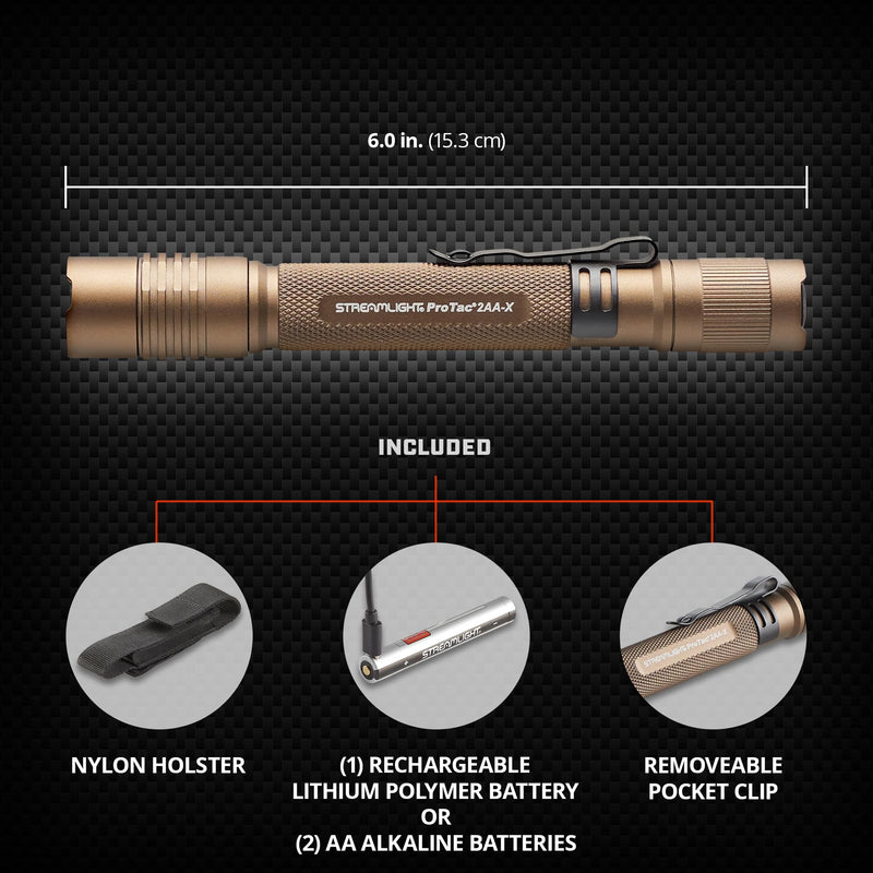 ProTac 2AA-X Streamlight 550-Lumen Multi-Fuel Personal Carry Tactical Flashlight with USB-C Rechargeable Battery, Coyote