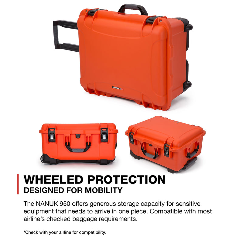 NANUK Waterproof Hard Case 950 with Wheels and Padded Divider - Orange