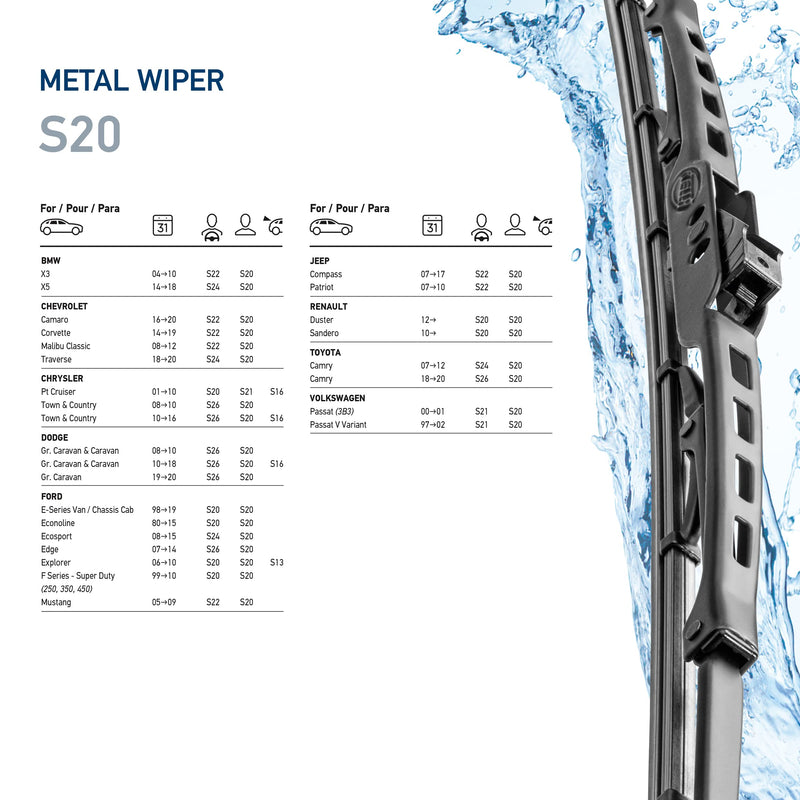 20 Inch Hella OE Quality All Seasons Streak-Free Rubber Standard Wiper Blade (Single Blade) fit select BMW Chevrolet Chrysler Dodge Ford Jeep Renault Toyota Volkswagen /9XW398114020