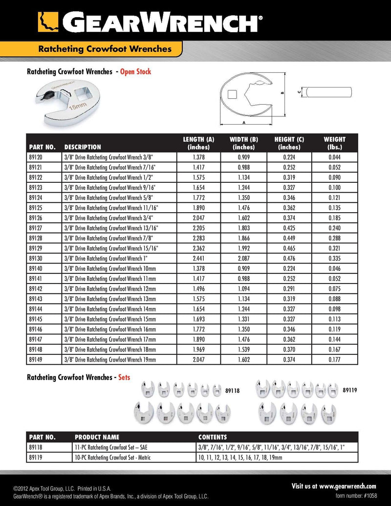 Metric 10 Piece Ratcheting Crowfoot Wrench Set