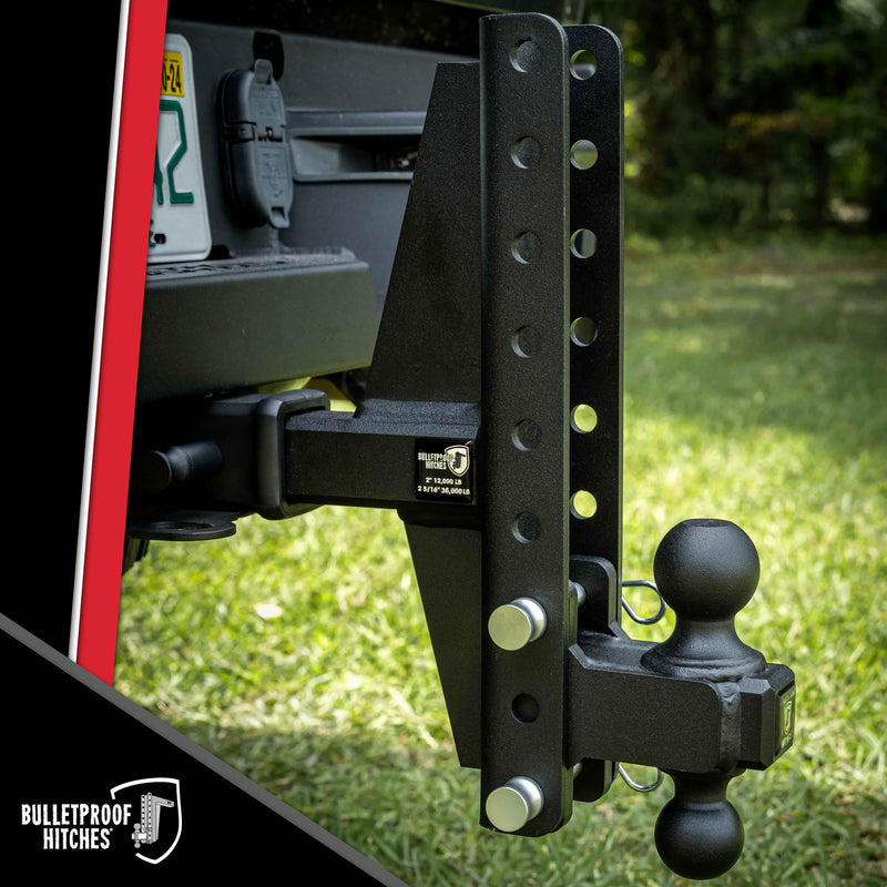 2.5" BulletProof Hitches Adjustable Extreme Duty Trailer Hitch (36,000 lb. Rating) - Offset 4" & 6" Drop/Rise with 2" and 2 5/16" Dual Ball - Powder Coat, Solid Steel, Corrosion-Resistant