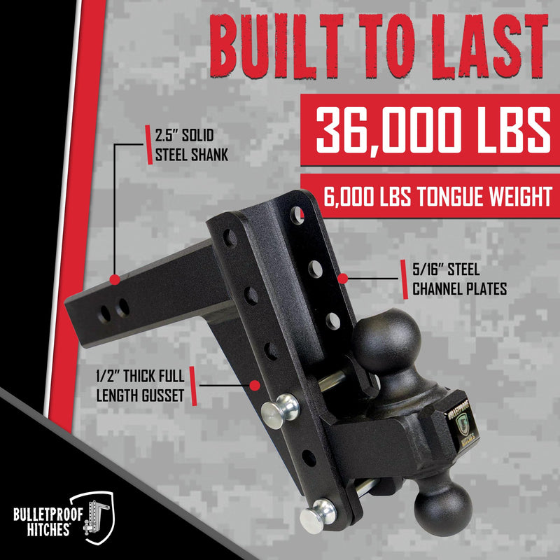 2.5" BulletProof Hitches Adjustable Extreme Duty Trailer Hitch (36,000lb. Rating) - 6" Drop/Rise with 2" and 2 5/16" Dual Ball - Powder Coat, Solid Steel, Corrosion-Resistant