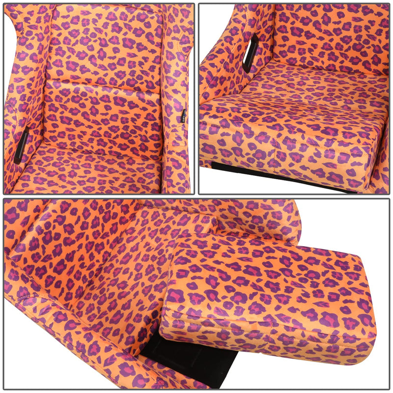 NRG Innovations Prisma Fixed Back Bucket Racing Seat NRG-FRP-302-OR-SAVAGE Bottom Mount Bracket, Orange Savage Leopard Print Fabric White Pearl Back, Orange Leopard Print, 24" W X 36" H X 18" D