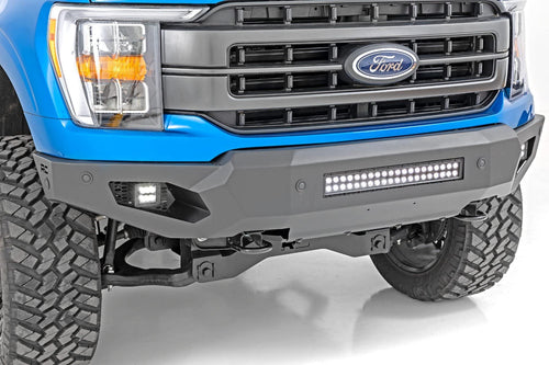 Rough Country Front High Clearance LED Bumper for Ford F-150 (2021–2023) - Steel Off-Road Protection w/Skid Plate, 20" Light Bar & 2" LED Cubes
