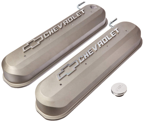 ProForm LS Slant-Edge Valve Cover, Tall, Baffled, PCV Tube, Raised Chevrolet Bowtie Logo, Hardware Included, Aluminum, Gray, GM LS-Series, Pair