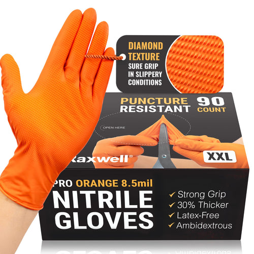 Disposable Nitrile Gloves Raxwell - Puncture Resistant Diamond Texture Grip - Food Safe & Latex Free for Cooking & Food Prep - Touch Screen Friendly Mechanic Work Gloves - XX-Large, Orange, Pack of 90