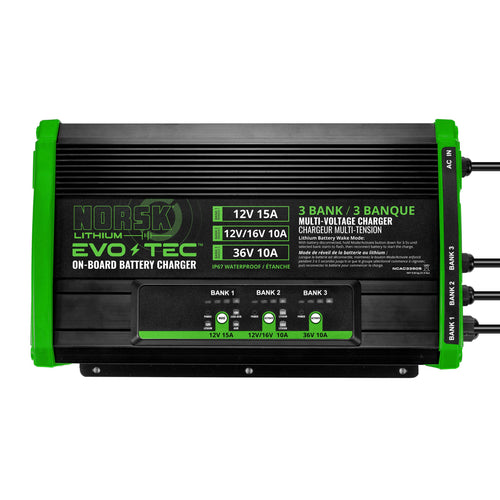 12V+12V/16V+36V Norsk Lithium EVO-TEC™ – 3 Bank Selectable On-Board Charger | Marine Battery Charger for LiFePO4, AGM, and Deep-Cycle Batteries | Waterproof | Wake Mode