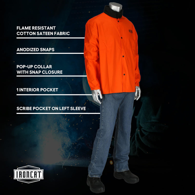 FR Treated Ironcat Cotton Sateen Jacket, 9 oz., Anodized Snaps, Interior Pocket, Pop-up Welders Collar, Scribe Pocket, Orange, 3X-Large (7050O/3XL)