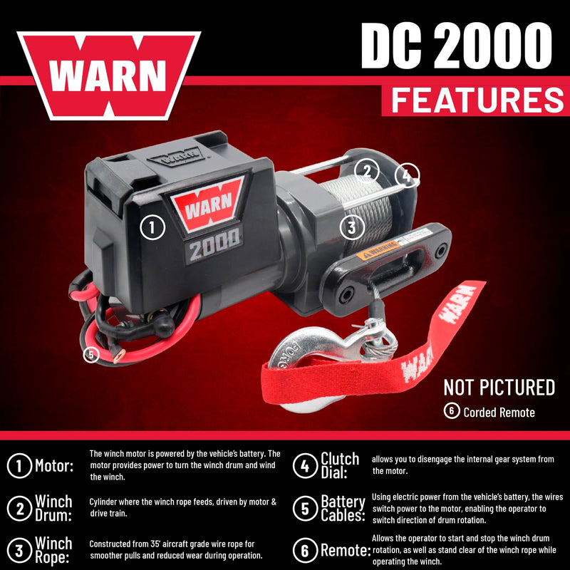 2000 WARN DC 12V Electric Winch, 2000 lb Pulling Capacity | Steel Cable, Hook & Corded Remote | Portable, Compact Power for Trailers, ATVs, Workshops, and General Utility Lifting & Pulling