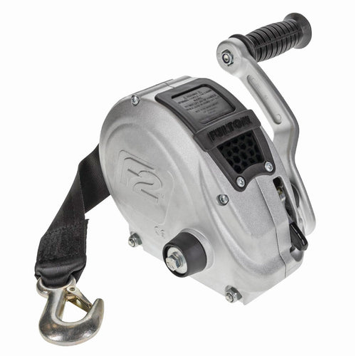 Fulton F2 Boat Trailer Winch with 20 Foot Winch Strap with Hook, Single-Speed Hand Crank Winch, 1,600 lbs. Capacity, Dual Gear Drum System