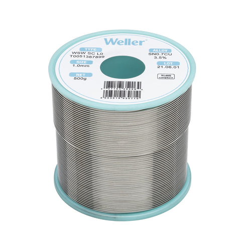 Weller Lead Free Solder Wire WSW SC L0 (T0051387899), Dia: 1.0 mm / 0.039 in, Wt: 500 g / 17.637 oz, Alloy Sn99.3Cu0.7, Flux content 3.5%
