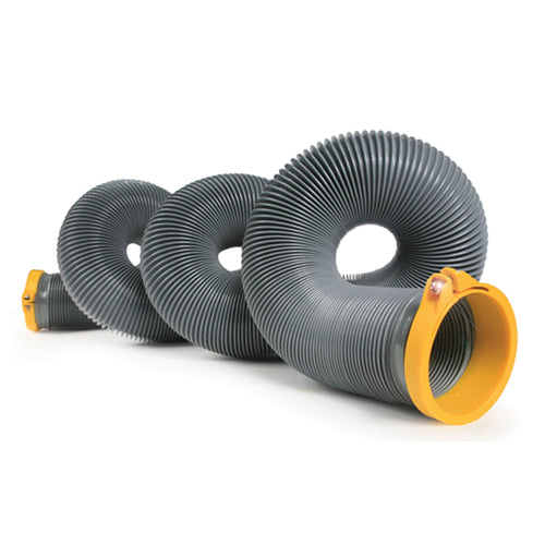Camco High Tensile Strength Durable Vinyl Sewer Hose with Steel Wire Core and Self Clamping Fittings – 15’ Hose, Great for Year Round RVing Compresses to 34” for Simple and Easy Storage, Gray (39901)
