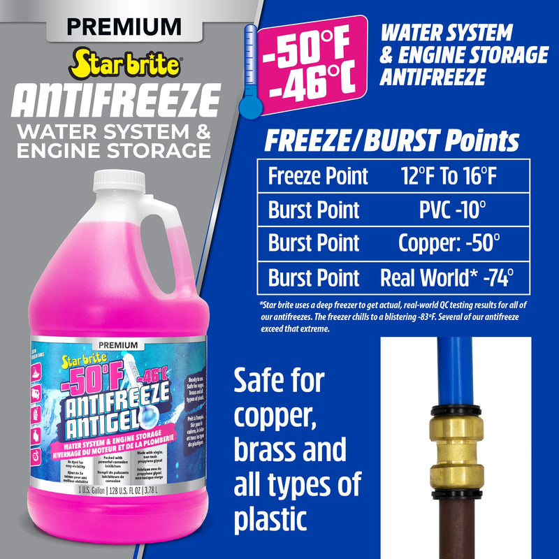 Premium STAR BRITE -50°F RV & Marine Antifreeze, Non-Toxic Engine & Water System Winterizer, Corrosion Inhibitors, Safe for Metals & Plastics