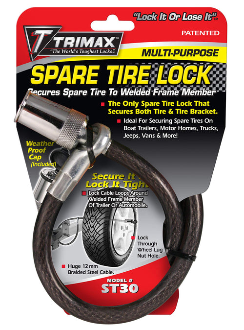 Trimax ST30 - Spare Tire Cable Lock Trimaflex (Round Key) for Boat Trailers, Motor Homes, Trucks, Jeeps, Vans, More - 36" x 12mm - Black/Chrome