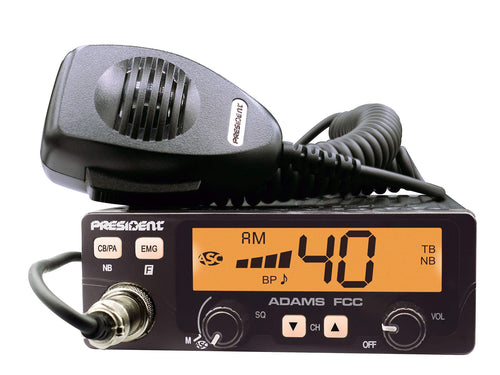 Adams President FCC CB Radio. Large LCD with 7 Colors, Programmable EMG Channel Shortcuts, Roger Beep and Key Beep, Electret or Dynamic Mic, ASC and Manual Squelch, Talkback