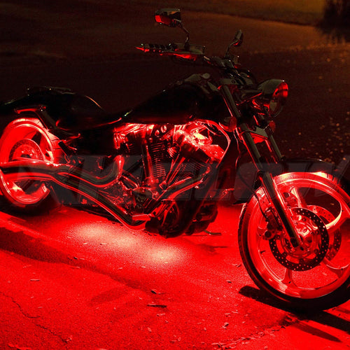 XKGLOW RED 2nd Gen 10 Compact Pod + 4 Flex Strips Motorcycle Engine & Ground Neon Accent Light Kit with 4-Key Remote