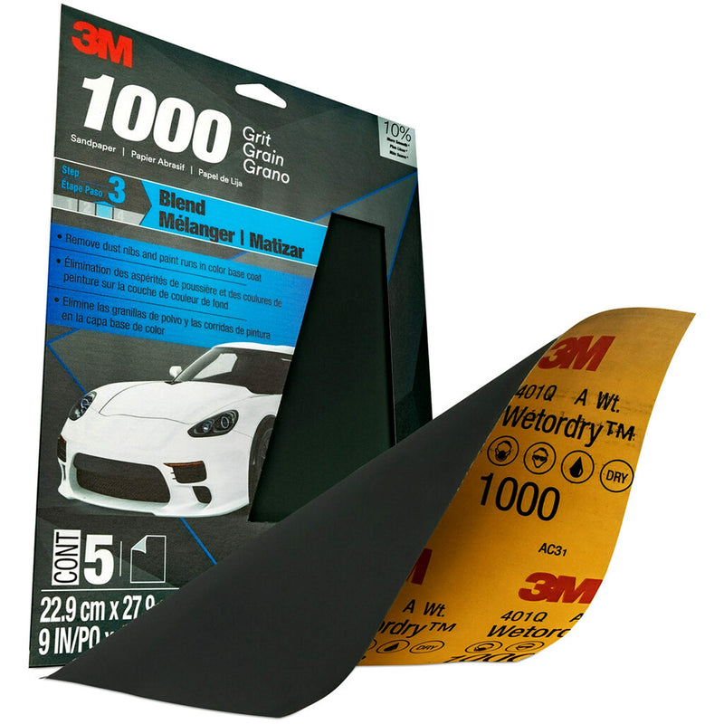 3M Sandpaper Wetordry, 32021, 1000 grit, 9 in x 11 in, 5 Sheets Per Pack