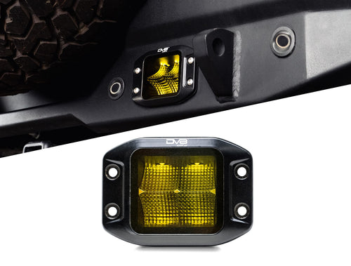 Elite Series 3-inch LED Amber Flush Mount Off-Road Light Pod | Flood Light Pattern | OD Face Plate Size: 4.8” x 3.5” x 2.75” | Bezel-Less Housing with Heat Fins | DV8 Offroad