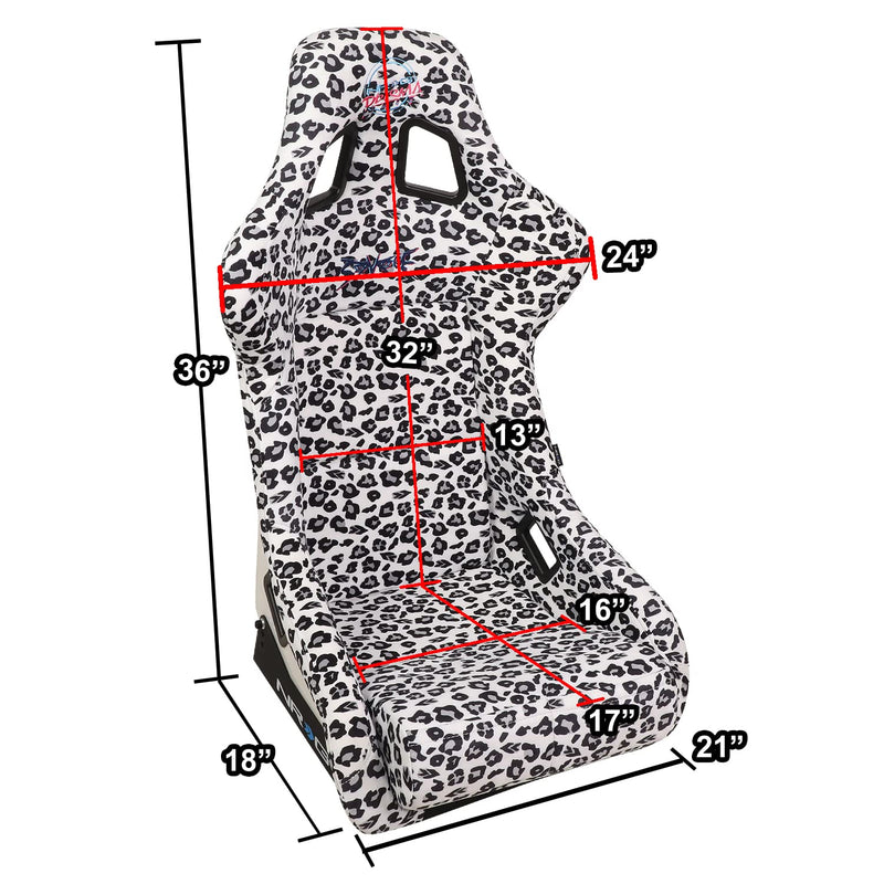 NRG Innovations Prisma Fixed Back Bucket Racing Seat NRG-FRP-302-WT-SAVAGE with Bottom Mount Bracket, White Savage Leopard Print Fabric/White Pearl Back, 24" W X 36" H X 18" D