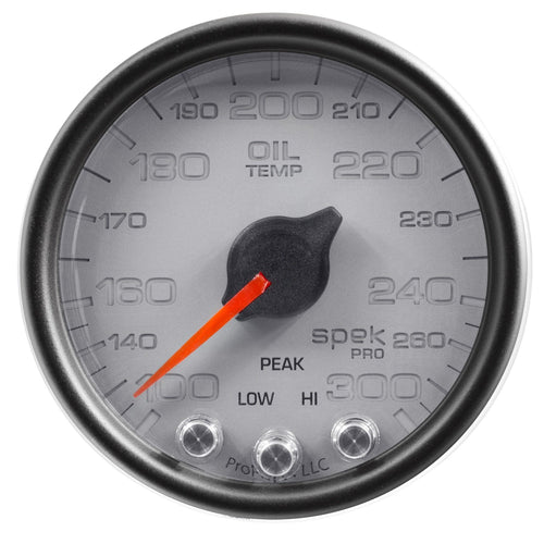 Gauge AUTO METER P32222 Oil Temp (Spek-Pro 2 1/16", 300ºf, Stepper Motorwith Peak & Warn, Slvr/Blk, Spek-Pro)