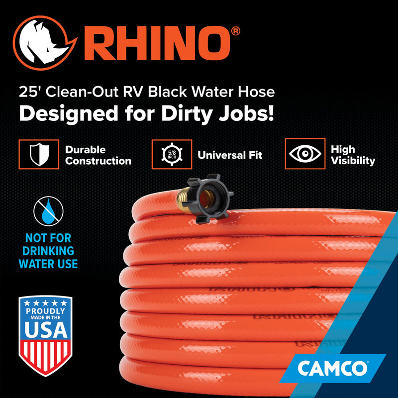 25-Ft Camco Rhino Clean-Out Black Water/RV Hose - Features a Heavy-Duty PVC Design & Bright Orange Color - Clean-Out Camper Black Water, Grey Water or Tote Tanks - 5/8” Inside Diameter (22990)