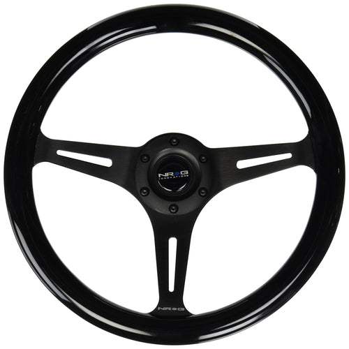 NRG Innovations Steering Wheel NRG-ST-015BK-BK - 350mm - 25mm Deep Configuration, Classic Wood Grain Wheel 3 Black Spokes- Black Paint Grip