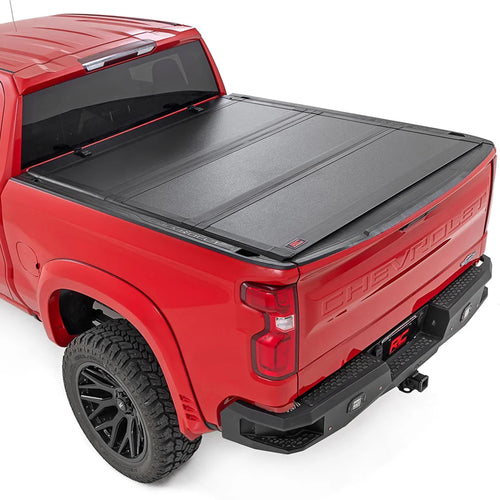Rough Country Hard Tri-Fold Truck Bed Flip Up Tonneau Cover for Chevy Silverado & GMC Sierra 1500 (2019-2025) - Flush Aluminum Bed Cover, Fits 6'7 Bed