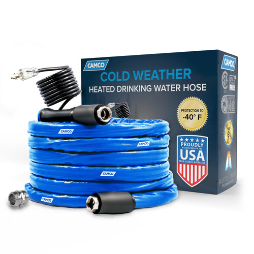 25-Foot Camco Heated Drinking Water Hose | Features Water Line Freeze Protection Down to -40°F/C & Energy-Saving Thermostat | Includes Adapter for Connection to Either End of Hose (22922)
