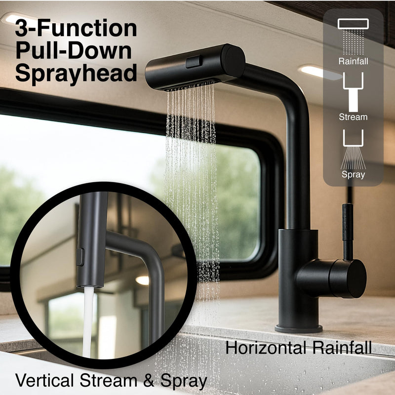 Rainfall Dura Faucet (DF-MK511X-MB) RV Kitchen Faucet – Matte Black, Dual-Mode Rotating Spray Head (Wide Waterfall & Stream), Single Lever Handle, Lead-Free, Easy Install Compact Sink Faucet
