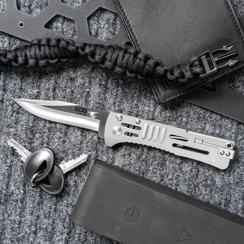 SOG Folding SlimJim Pocket Knife- SOG Assisted Technology w/ Tactile Bumps and Cutout Aid, Reversible Carry Clip, AUS-8 Stainless Steel Body (SJ31-CP), One Size, Hardcase Black