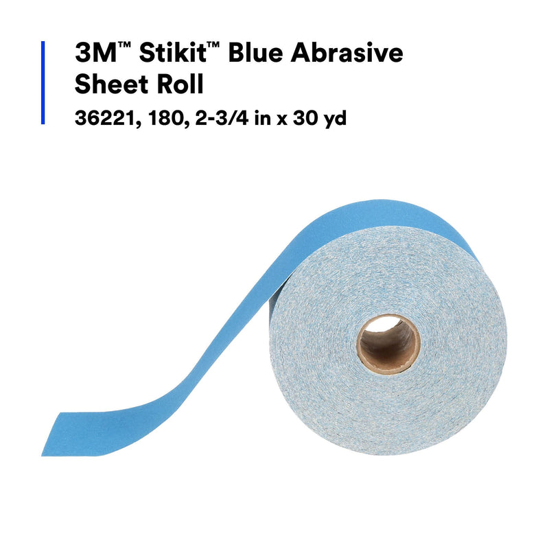 3M Blue Stikit Abrasive Sheet Roll, 36221, No Hole, 2-3/4 in x 30 yd, 180+ Grade, Automotive Sanding Roll Sandpaper for Coating Removal, Body Repair, Auto Sanding