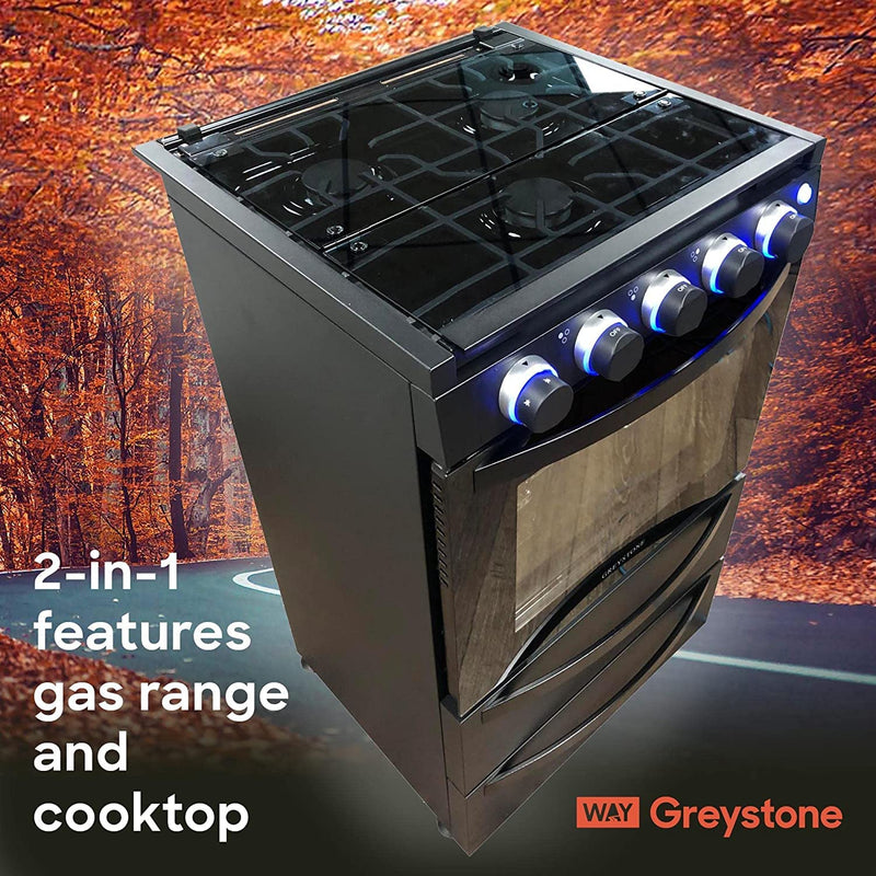 12 Volt RV Gas Range and Cooktop, Greystone Stove and Oven Combo, 21 Inch, LP Gas, Black