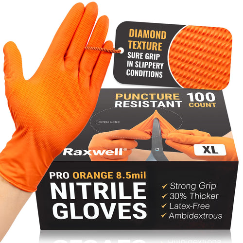 Orange Raxwell Nitrile Gloves 8.5 Mil - Powder-Free Puncture-Resistant Protection - Diamond-Texture Work Gloves with Grip - X-Large - 100 Count