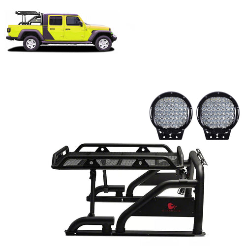 Warrior Black Horse Roll Bar Incl.Set of 9 Black Round LED Light Compatible with 2020-2024 Jeep Gladiator-WRB-09BK-PL69B