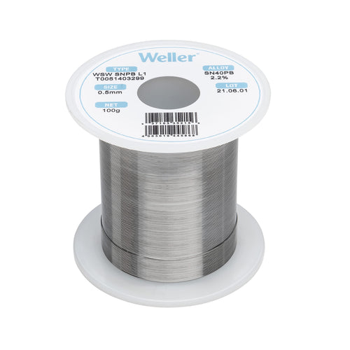 Weller SnPb WSW (T0051403299) Solder Wire, Dia: 0.5 mm / 0.020 in, Wt: 100 g / 3.527 oz, Alloy Sn60Pb40, Flux content 2.2%