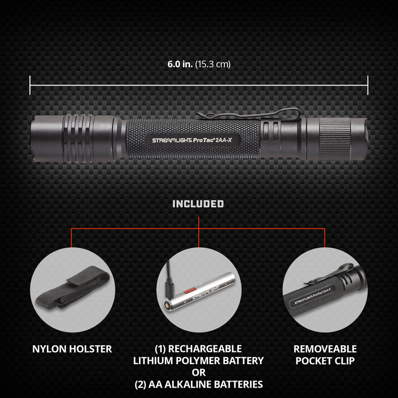 Streamlight ProTac 2AA-X 550-Lumen Multi-Fuel Tactical Carry Flashlight with USB-C Rechargeable Battery, Black