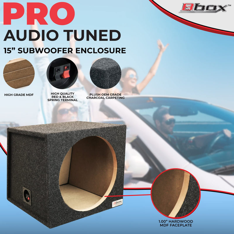 Single Bbox Sealed 15 Inch Subwoofer Enclosure - Car Subwoofer Boxes & Enclosures - Premium Subwoofer Box Improves Audio Quality, Sound & Bass - Red & Black Spring Terminals - Charcoal