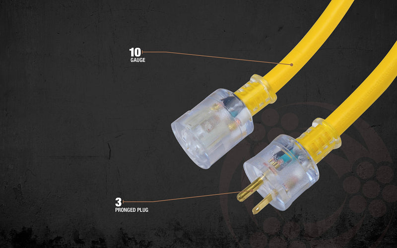 Extra Heavy Duty Southwire Extension Cord, 25Ft, 10 Gauge, 3 Conductor, Outdoor Cord, Lighted End, SJTW, Yellow, 2687SW0002