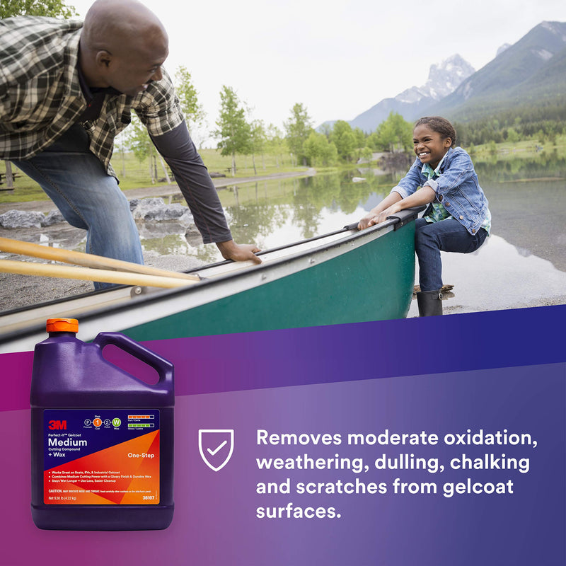3M Perfect-It Medium Cutting Compound Gelcoat + Wax, 36107, 1 Gallon, One-Step Process, P1500 and Finer Scratches, Fiberglass Oxidation Remover for Boats and RVs