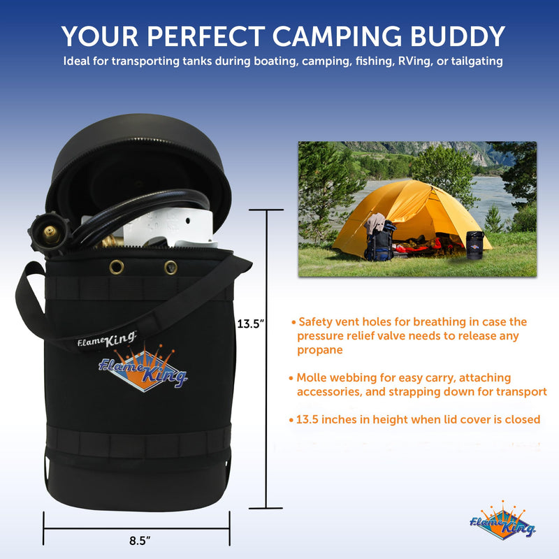 Gas Hauler Kit Flame King - Insulated Protective Carry Case, 5LB Propane Tank and Adapter Hose for Camping and Outdoor Adventures, Black/White