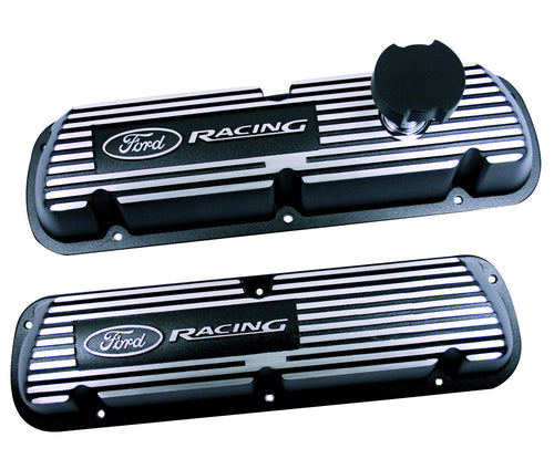 Ford Racing Valve Cover, Short, Baffled, Oil Fill Cap, Aluminum, Black Wrinkle Paint, Small Block Ford, Pair