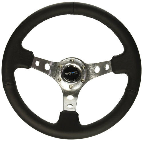 NRG Innovations Reinforced NRG-RST-006SL Steering Wheel 350mm Sport Steering Wheel (3" Deep), Silver Spoke with Round Holes, Black Leather