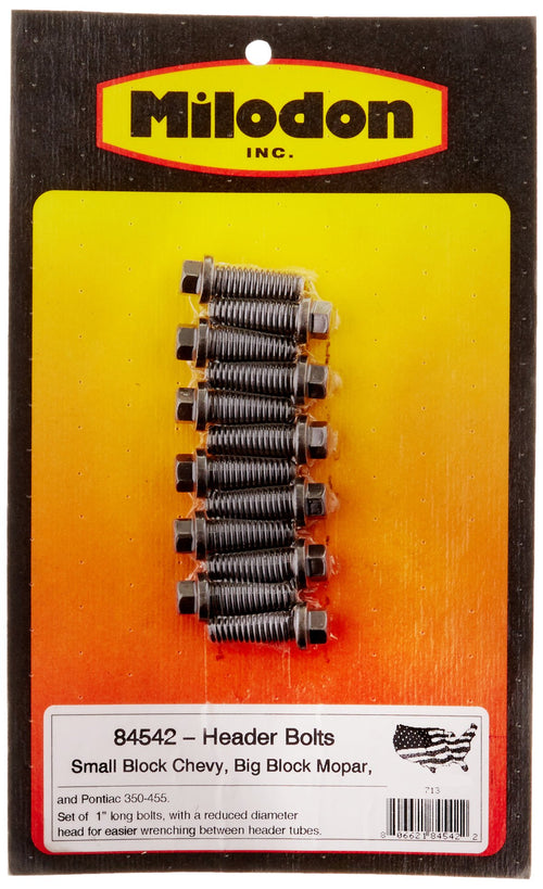 Milodon 84542 Header Bolt 3/8" x 1" for Small Block Chevy, Big Block Chrysler and Pontiac, (Set of 12), Black