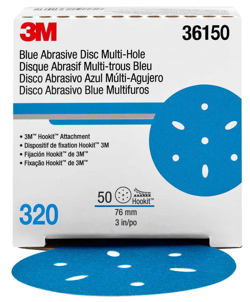 3M Hookit Blue Abrasive Disc AMAPR 321U Multi-hole, 36150, 3 in, 320, 50 discs per carton